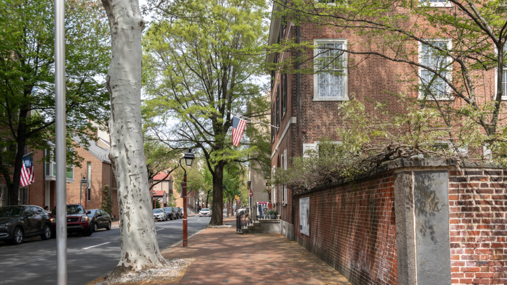 City street lined with brick buildings, green trees, and hanging American flags.