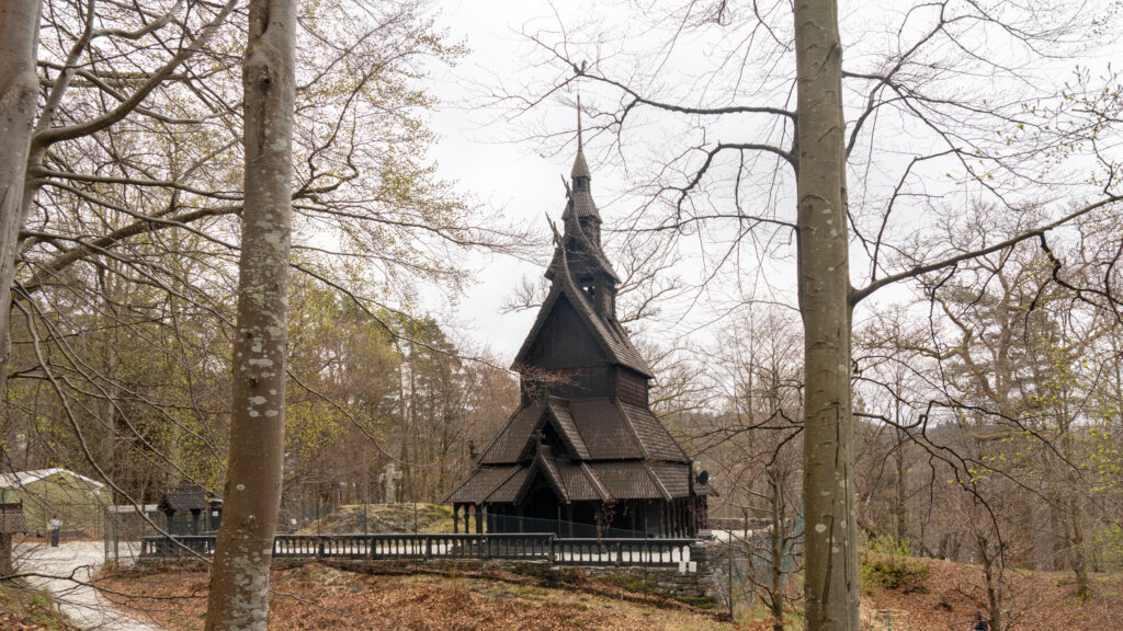 Stave church in wooded area in outskirts of Bergen.