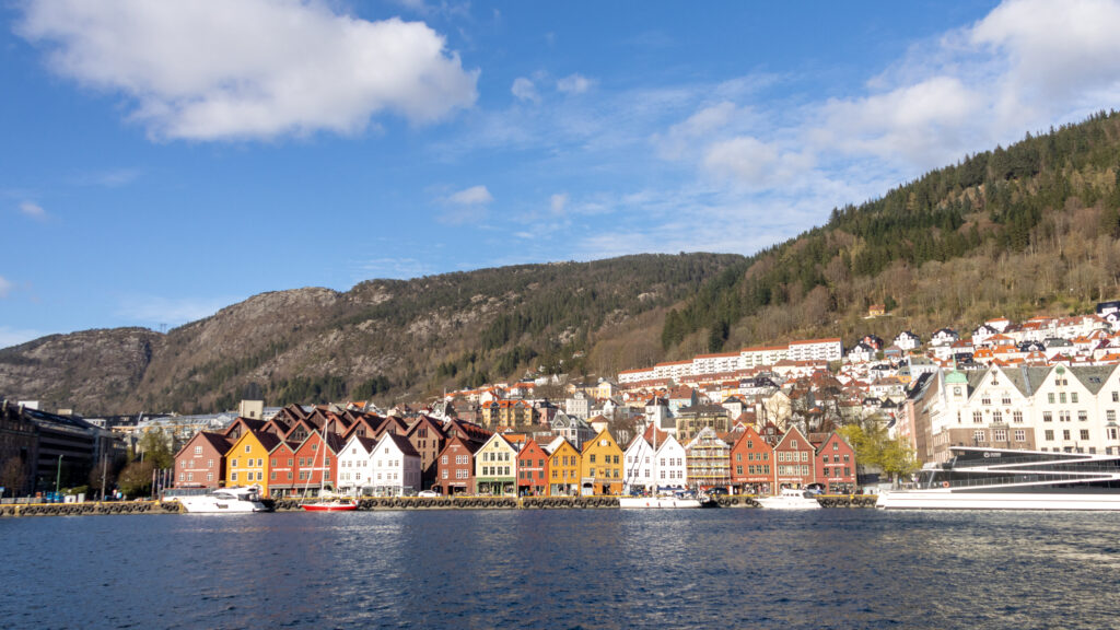 Row of colourful houses along waterfront in Bergen.