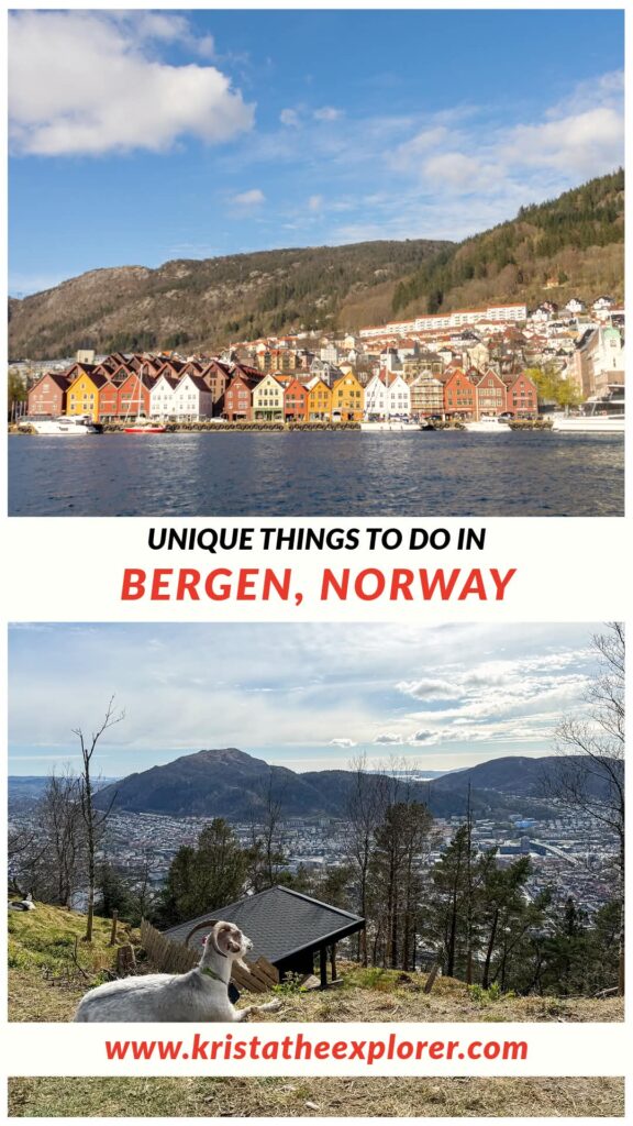 Colorful wooden harbor houses in Bergen, Norway, with hills in the background and a blue sky.