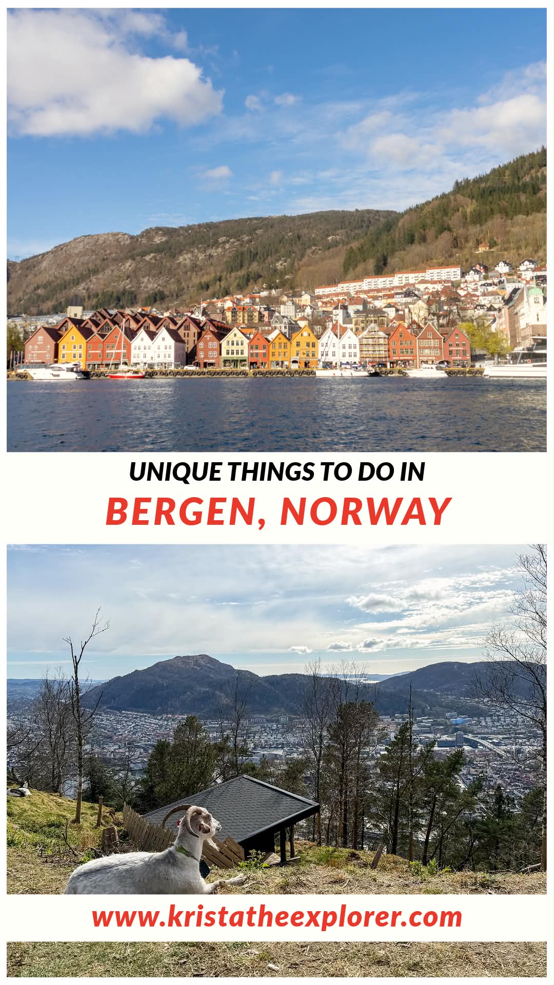 Colorful wooden harbor houses in Bergen, Norway, with hills in the background and a blue sky.