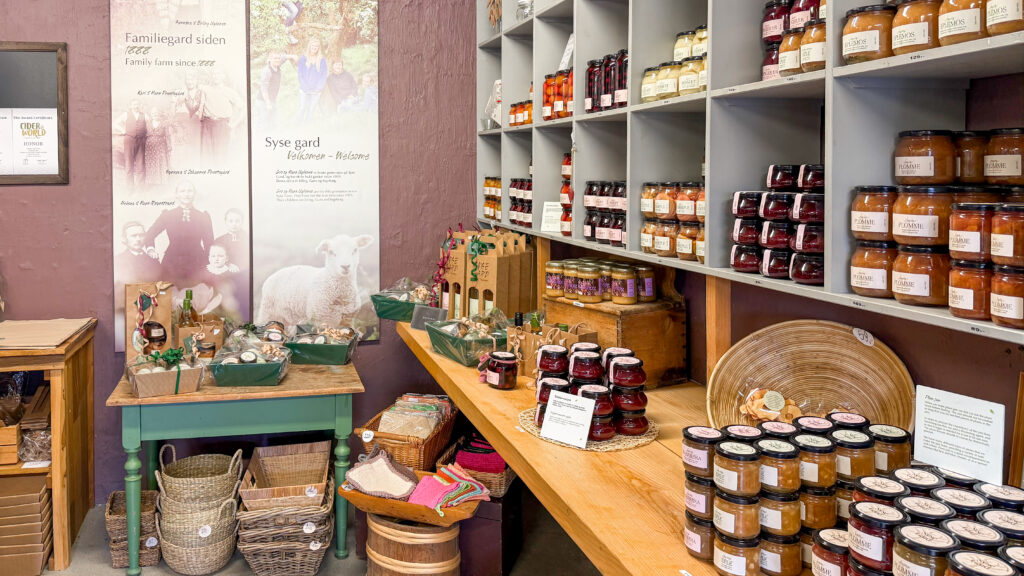 Interior of rustic shop selling local produce and jams.