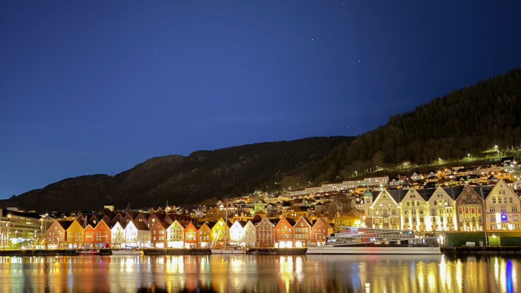 Night view of Bergen old town across the water.