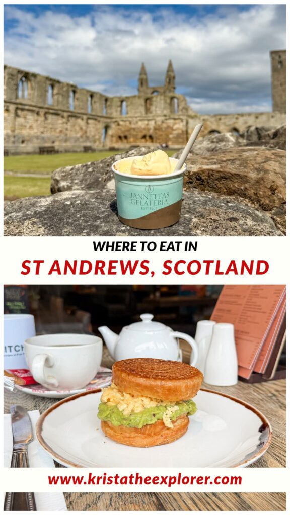 Cup of ice cream schoops and croissant breakfast sandwich.
