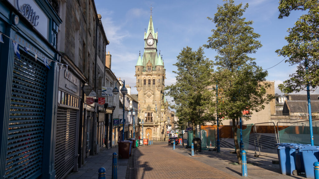 High Street Dunfermline | Krista the Explorer Shopping street in historic city centre near sunrise.