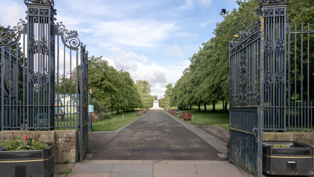 Park Dunfermline | Krista the Explorer Iron gates opened showing park space.