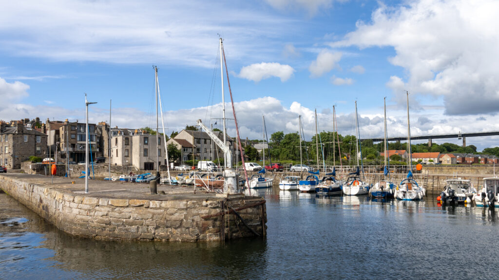 View of South Queensferry Harbour on a sunny day.