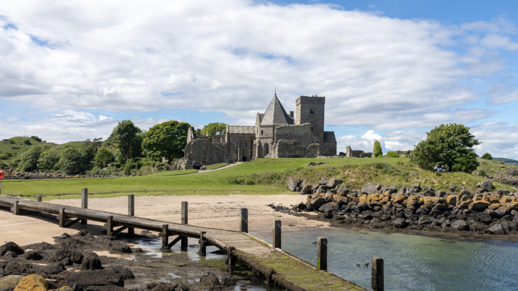 Ruins of medieval abbey on island in Scotland.
