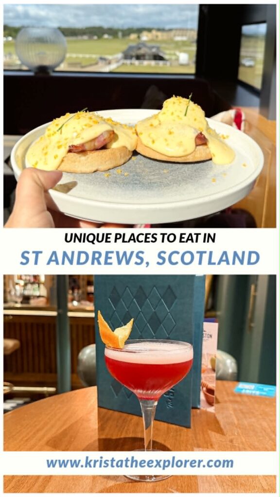 Eggs benedict on plate and red cocktail at bar.