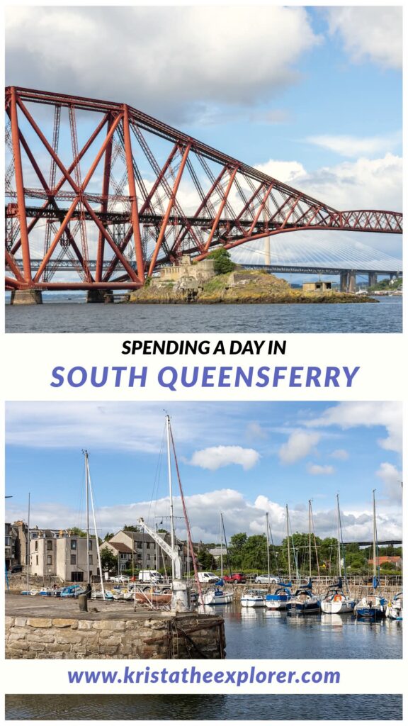 View of red steel bridge and harbour on sunny day.