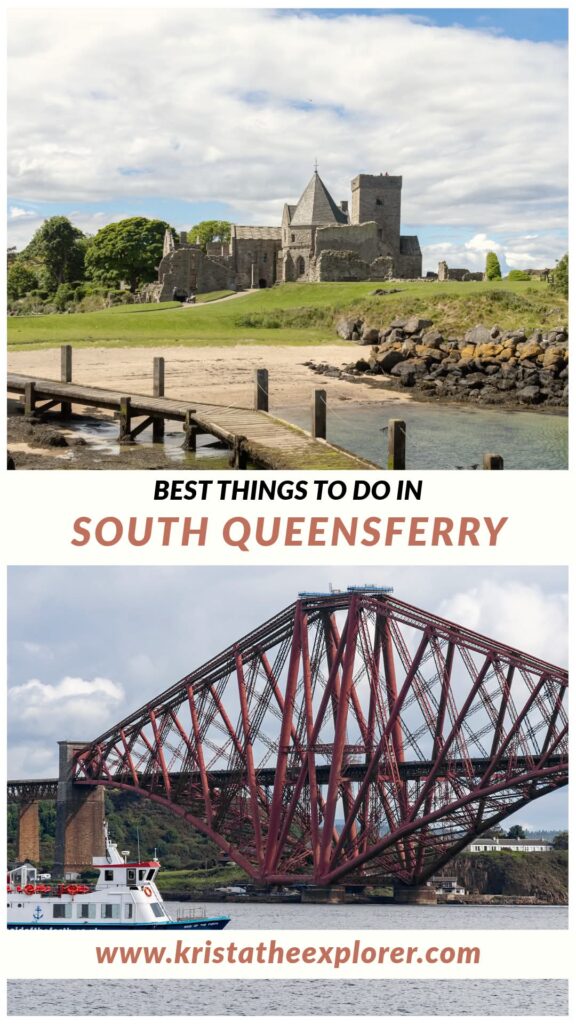 Ruins of medieval abbey and red steel rail bridge.