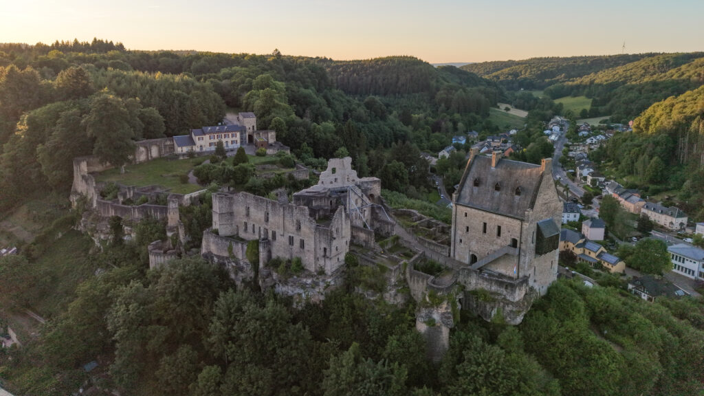 Castle ruins on a hilltop overlooking a forest and a small village at sunset.
