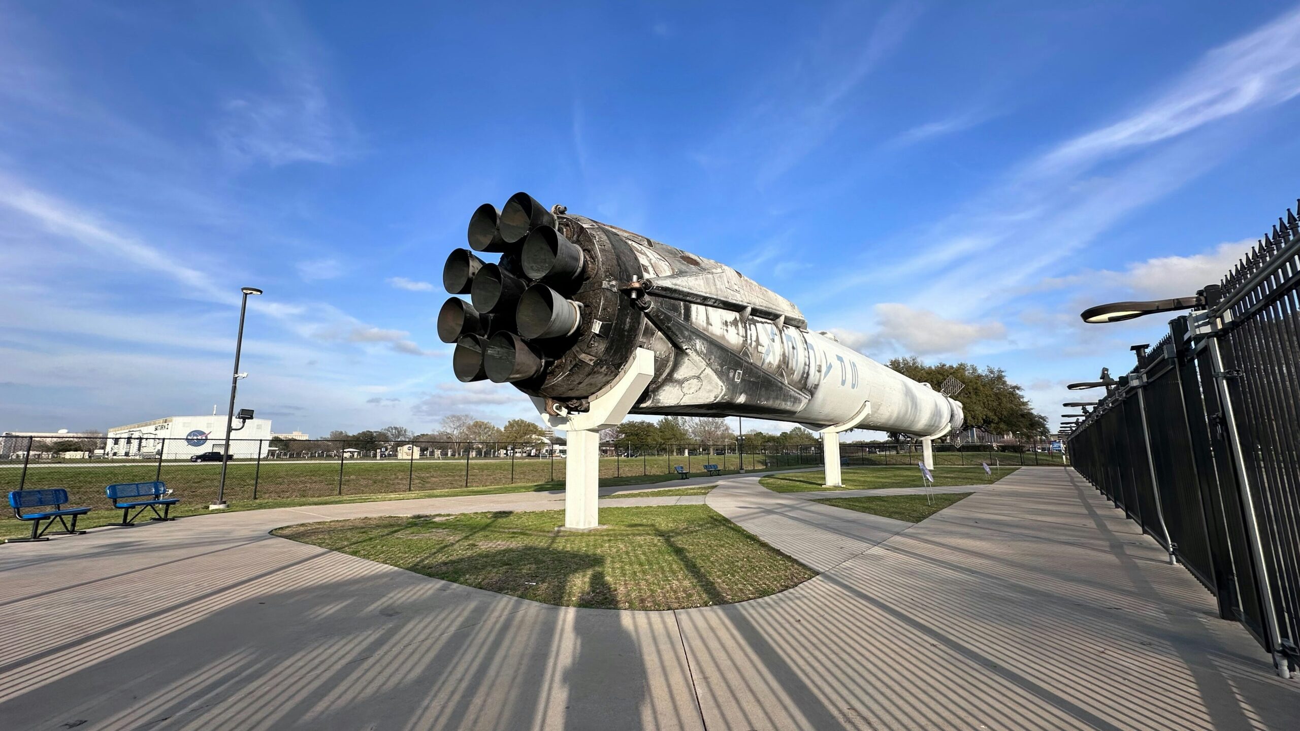 Space rocket on display outside museum in Houston.