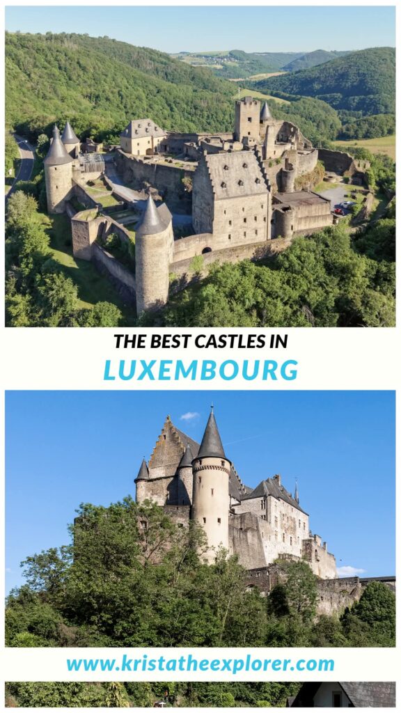 Two medieval castles in Luxembourg on hilltops.