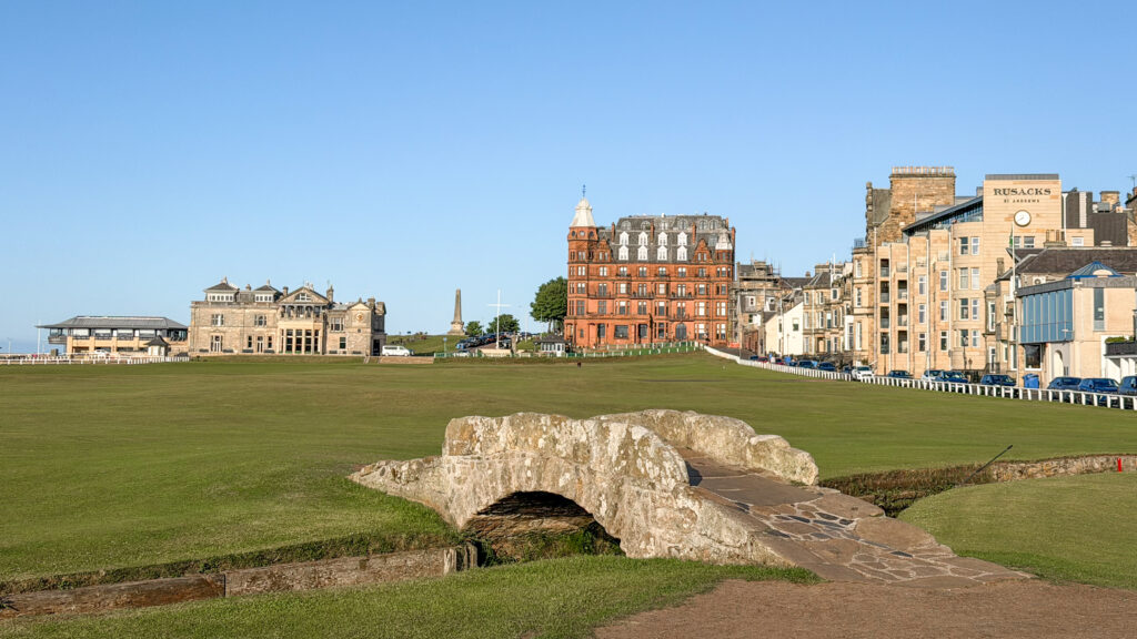 View of the Old Course at sunset with the Swilican Bridge.