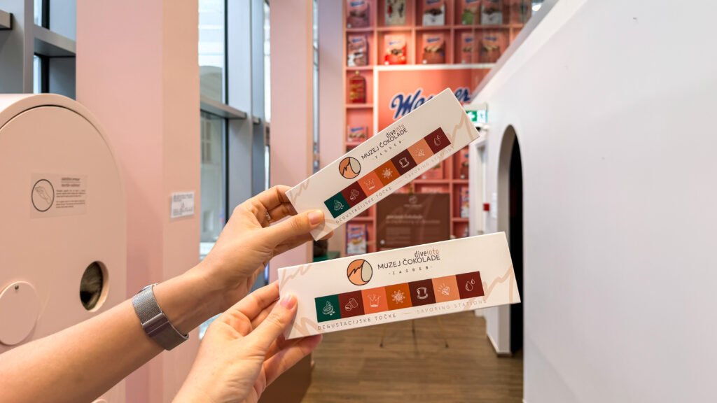Museums Zagreb | Krista the Explorer Close-up of hands holding chocolate tasting boxes in museum.