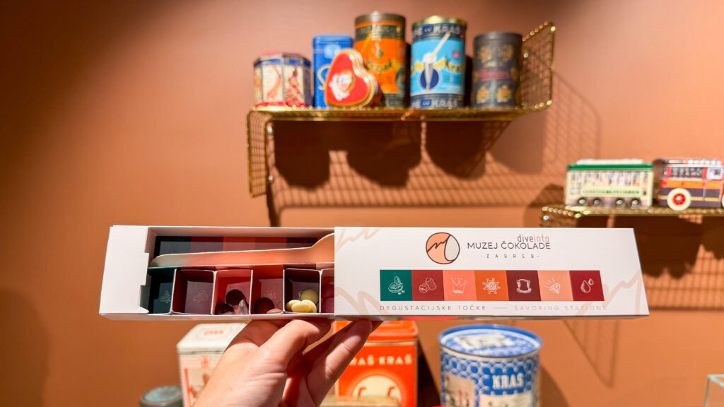 Hand holding an open box of assorted chocolates in a museum.