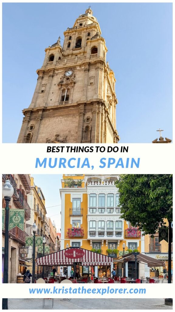 Murcia | Krista the Explorer Tower of medieval church and plaza surrounded by flowers.