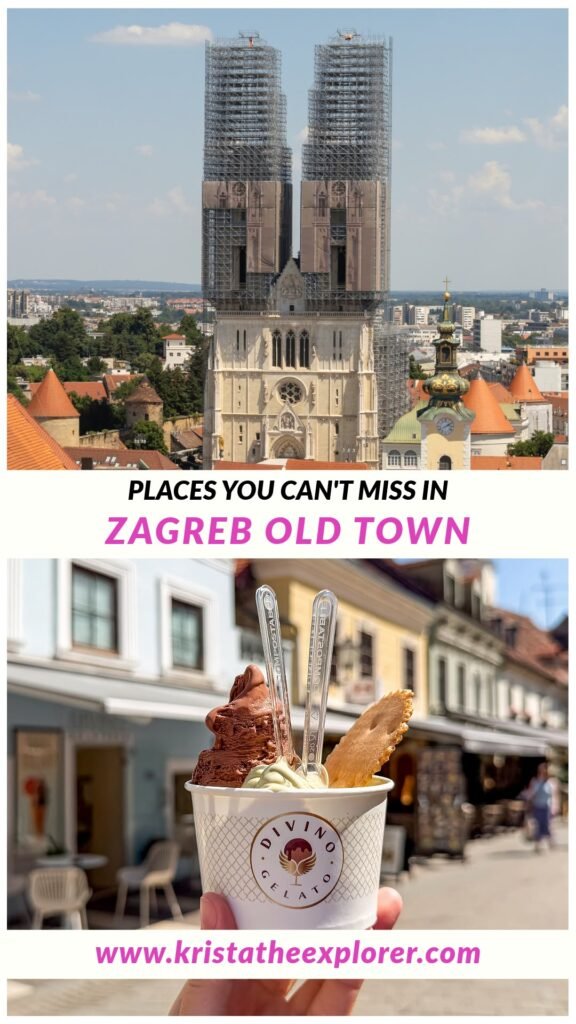 Zagreb | Krista the Explorer Church towers with scaffolding and ice cream in historic street.