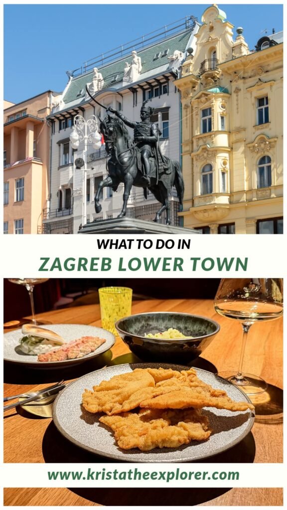 Equestrian statue in historic square and schnitzel at restaurant.