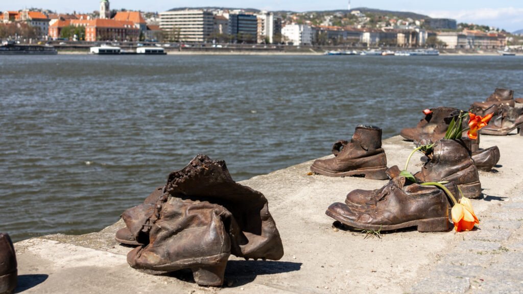 Rusty old shoes arranged along a concrete riverside with flowers inside.
