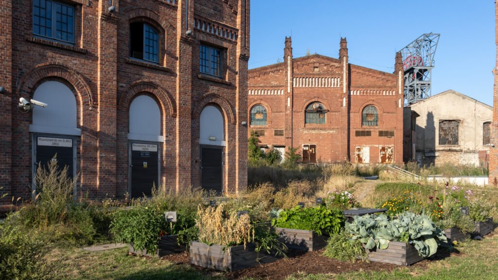 Red brick factory buildings with arched doorways, blue sky, and an overgrown garden.