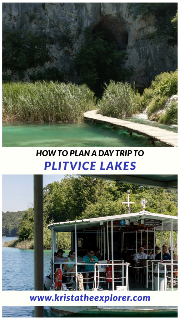 Plitvice Lakes | Krista the Explorer Boardwalk crossing teal water and boat approaching dock.