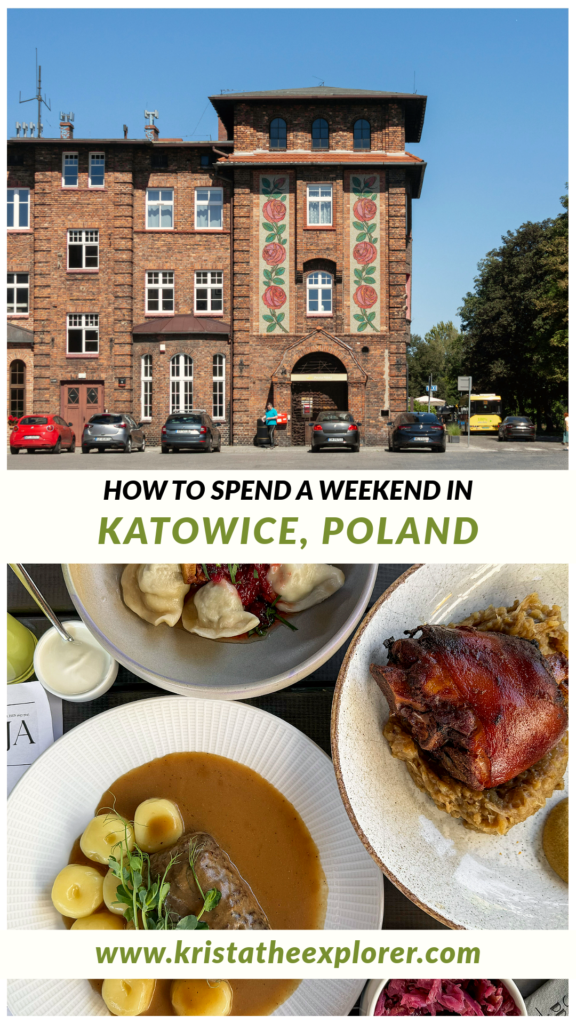 Red-brick building with Rose mosaic and Silesian dishes on table.