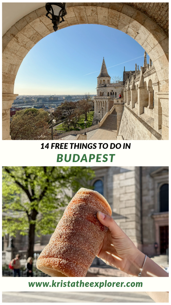 Fisherman's Bastion view at sunrise and hand holding Chimney Cake.