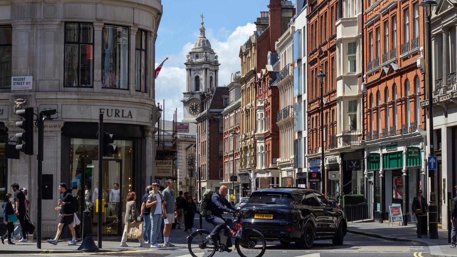 Historic street in London on a sunny day.