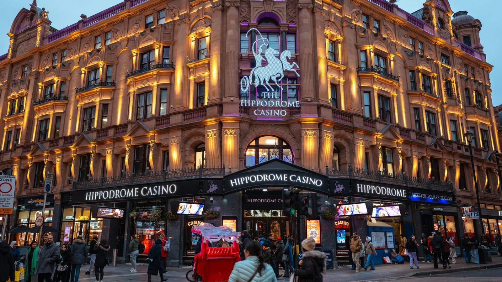 View of the Hippodrome at night lit up.