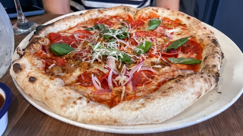 Stefani’s Pizzeria Blackpool | Krista the Explorer Pepperoni and basil pizza with thin crust.