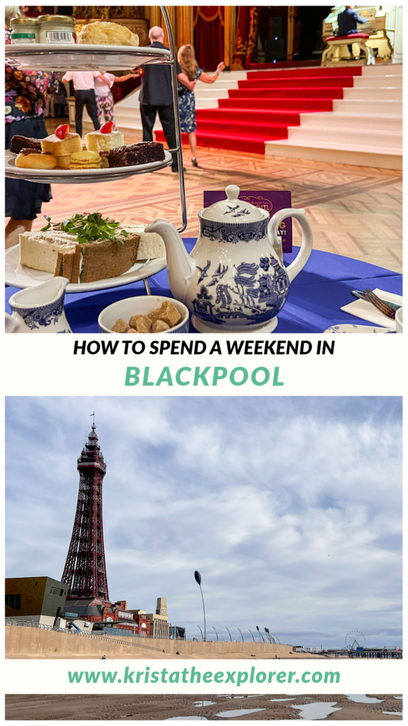 Blackpool | Krista the Explorer Afternoon tea inside ballroom and Blackpool Tower on sunny day.