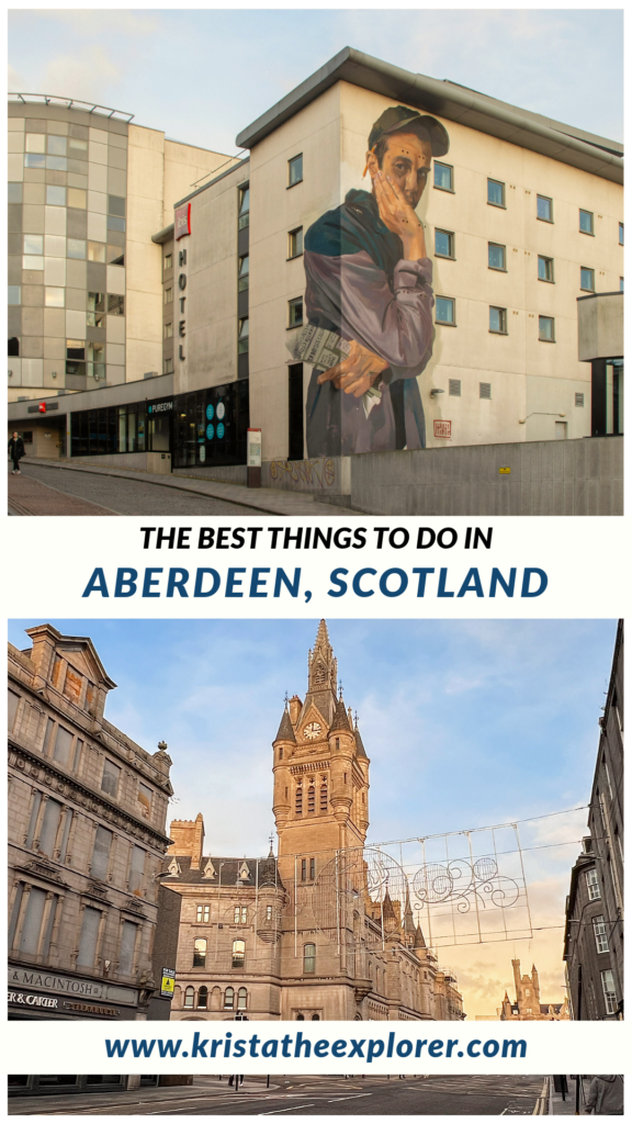 Aberdeen | Krista the Explorer Street art on side of hotel building and sunset in centre of Aberdeen town.