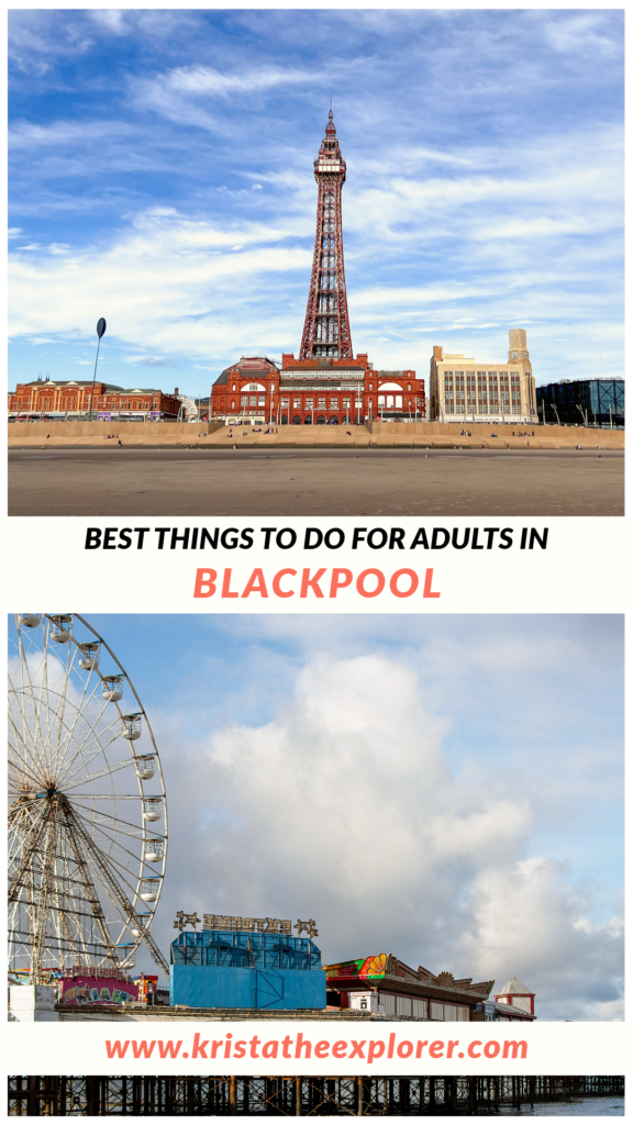 Blackpool | Krista the Explorer Blackpool Tower with beach in front and Ferris Wheel on pier.