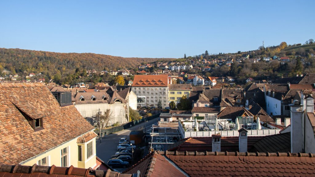 View of Sighisoara new town from old town street.