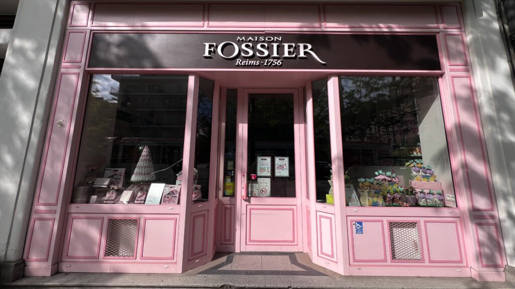 Maison Fossier Reims | Krista the Explorer Pink-framed storefront of Maison Fossier in Reims.
