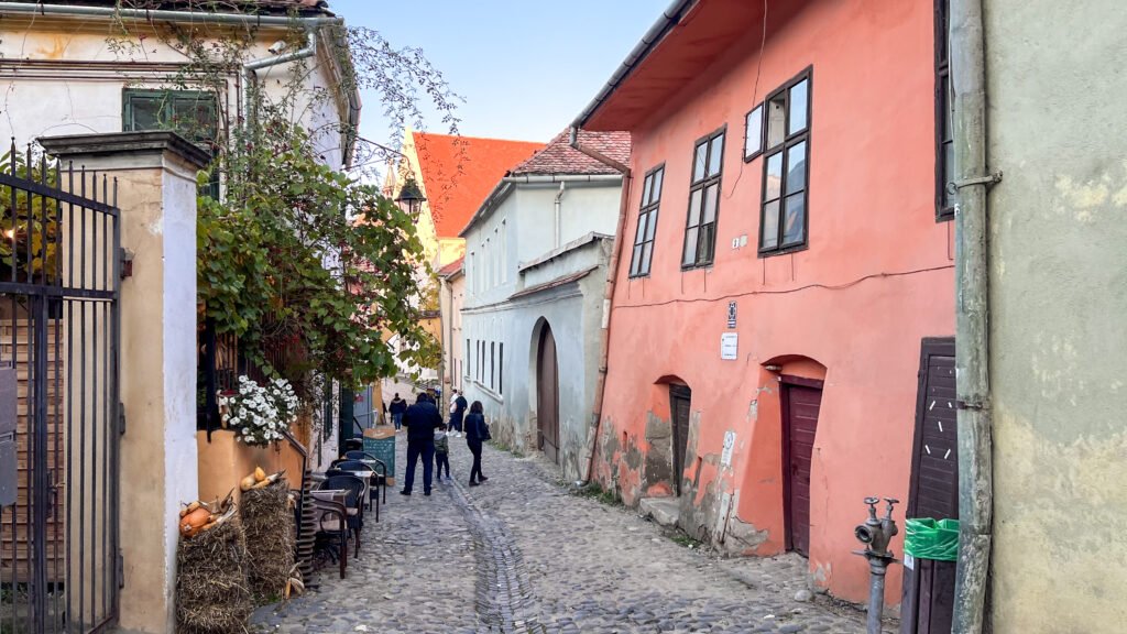 Cobbled street lined with colourful buildings in Romanian town.