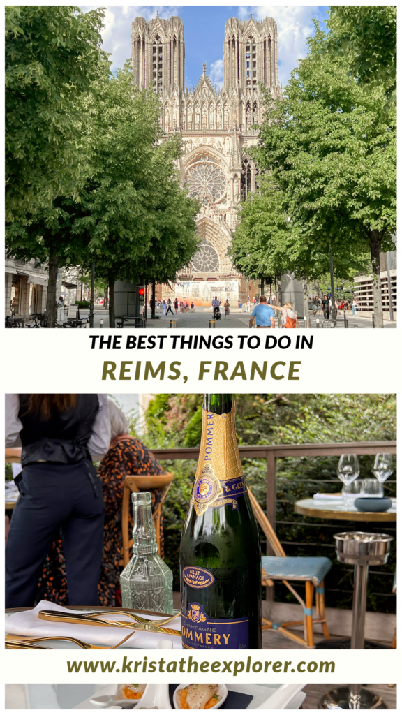Reims | Krista the Explorer Reims Cathedral at the end of tree-lined street and bottle of Pommery Champagne on table.