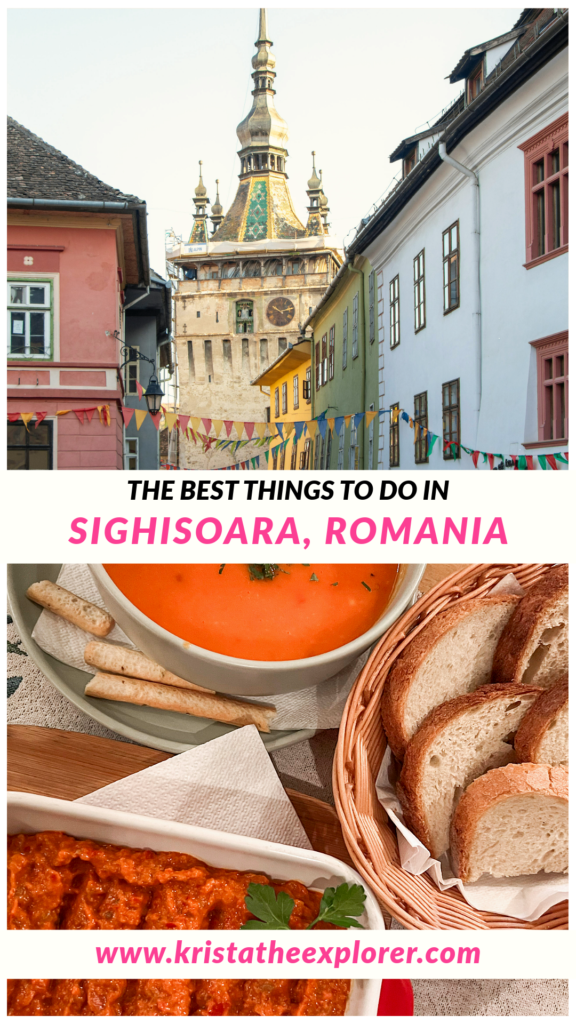 Colourful Sighișoara street with a historic clock tower and table with Romanian dishes.