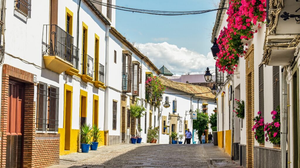 Pedestrian street in white village in Spain.