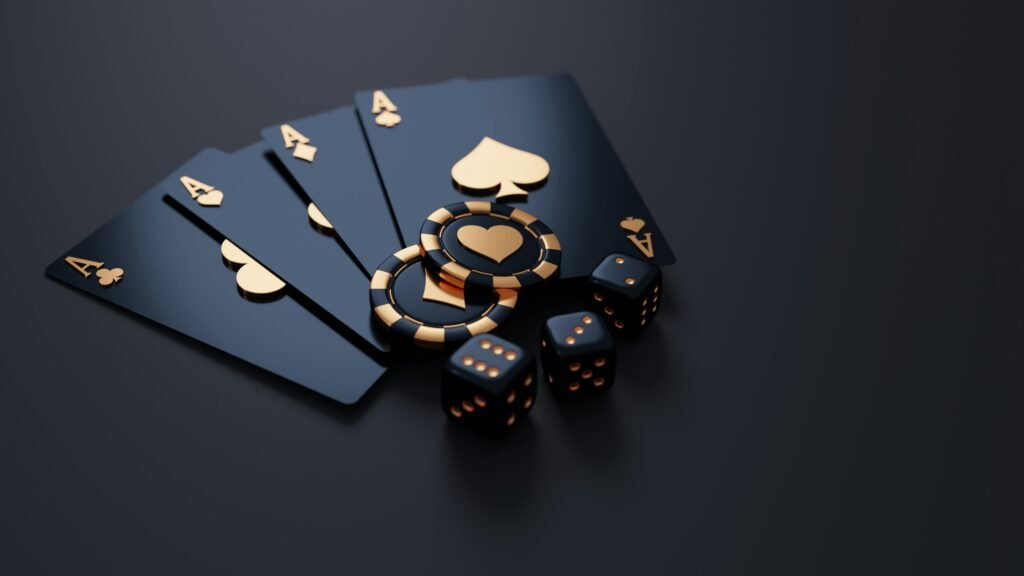 Black playing cards and poker chips for Casino glamour.